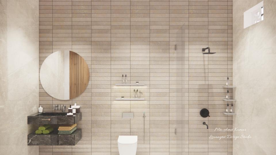 Small attached toilet bathroom design featuring a dry and wet area separation with glass partition, vanity unit with frameless round mirror, wall-mounted wash commode, and designer full-height wall tiles in a modern bedroom washroom.