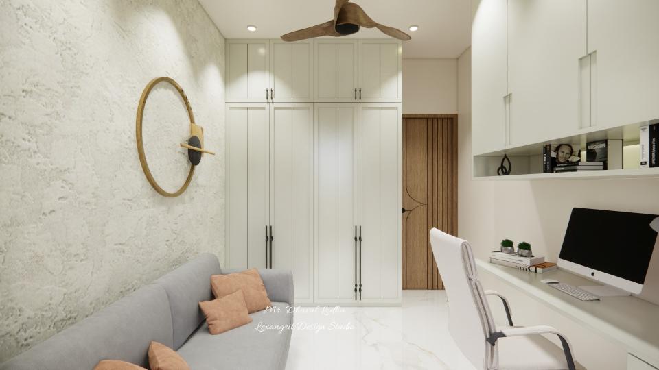 Classic bedroom wardrobe design featuring a white laminate wardrobe with CNC-cut shutters and a central vertical groove detail on each shutter, paired with a textured accent wall and decorative art on the left side.
