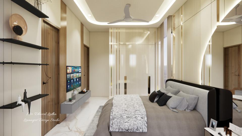 modern wardrobe design with golden strip in a master bedroom wardrobe wall view featuring ivory laminate finish, louvered shutters, swing doors and long golden handles for a stylish bedroom wardrobe with golden strip