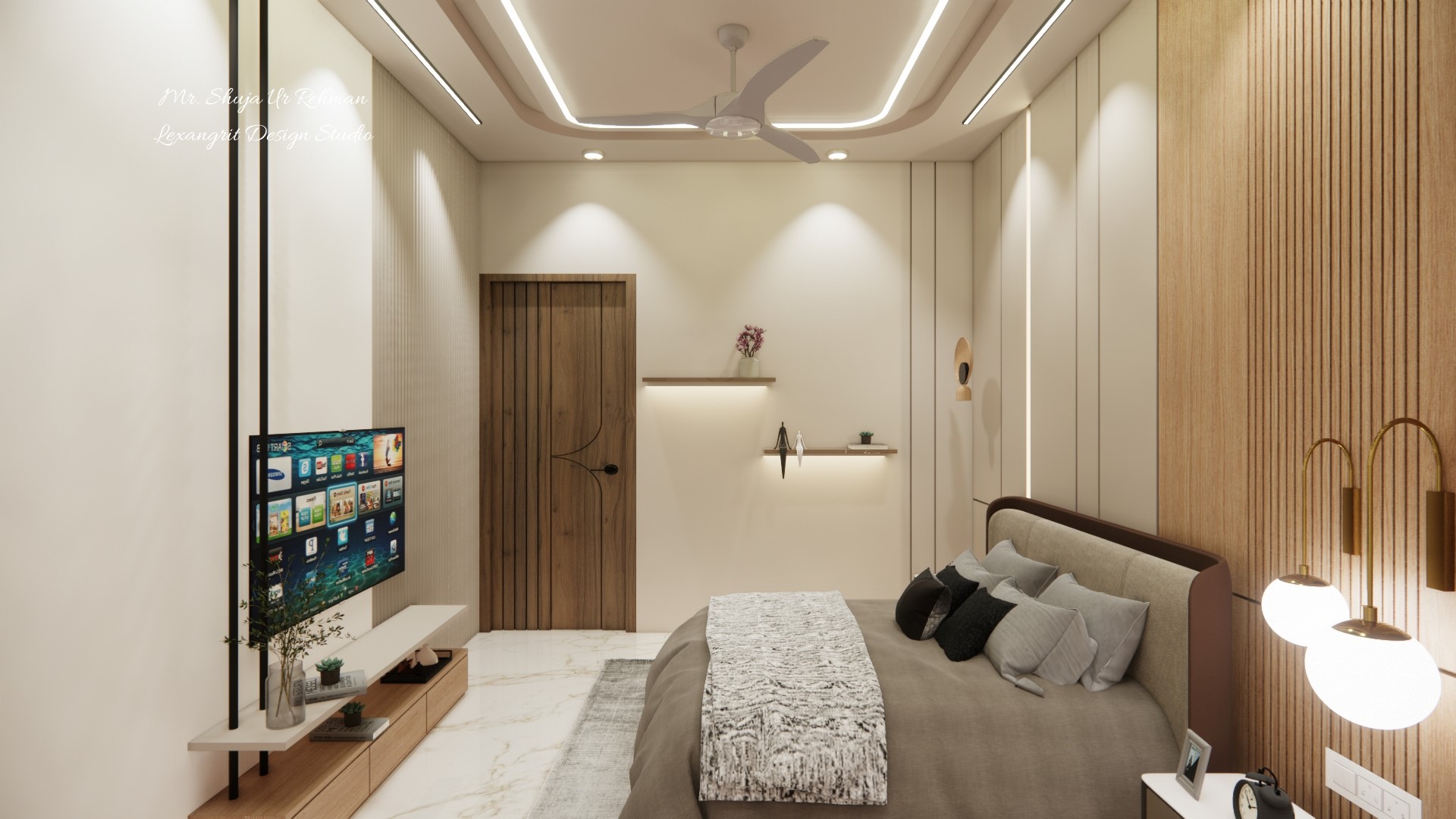 Master bedroom entrance door and showing decorative wall design (shelf, louvers panelling)