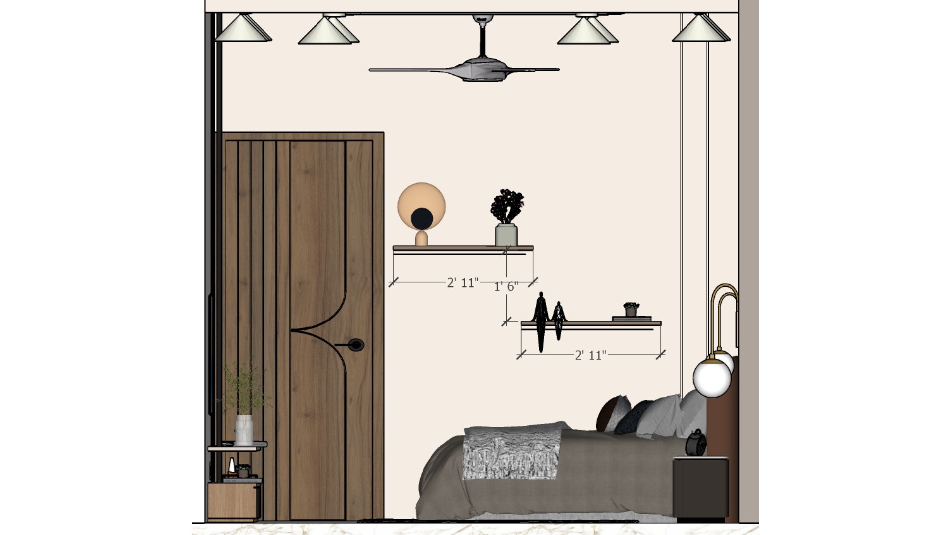 Master bedroom entrance door and showing decorative wall design (shelf, louvers panelling)