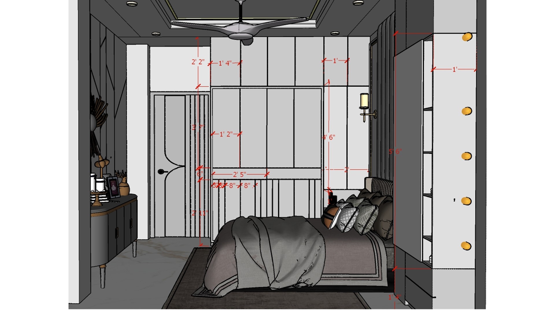 Bedroom showing decorative wall and headboard design with sliding wardrobe  2d dimensions