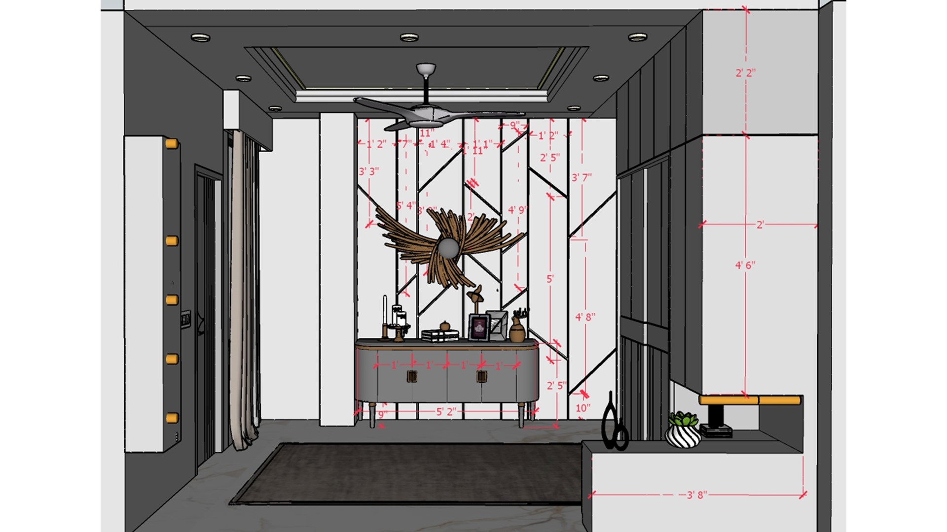 Bedroom showing decorative wall design and sliding wardrobe  2d dimensions