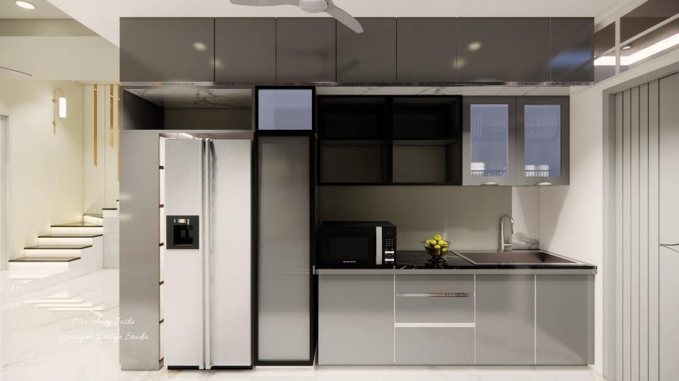 Grey modular kitchen design with sink unit having water purifier and dustbin below, three-drawer utensil unit, shelf unit, pantry pull-out, fridge placement, wall cabinets with GTPT unit and open shelves, plus overhead loft storage.