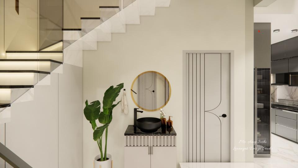 Wash basin under stairs design with a compact wash basin under staircase layout, featuring a modern under stairs wash basin setup with mirror and space-saving wash area for contemporary homes