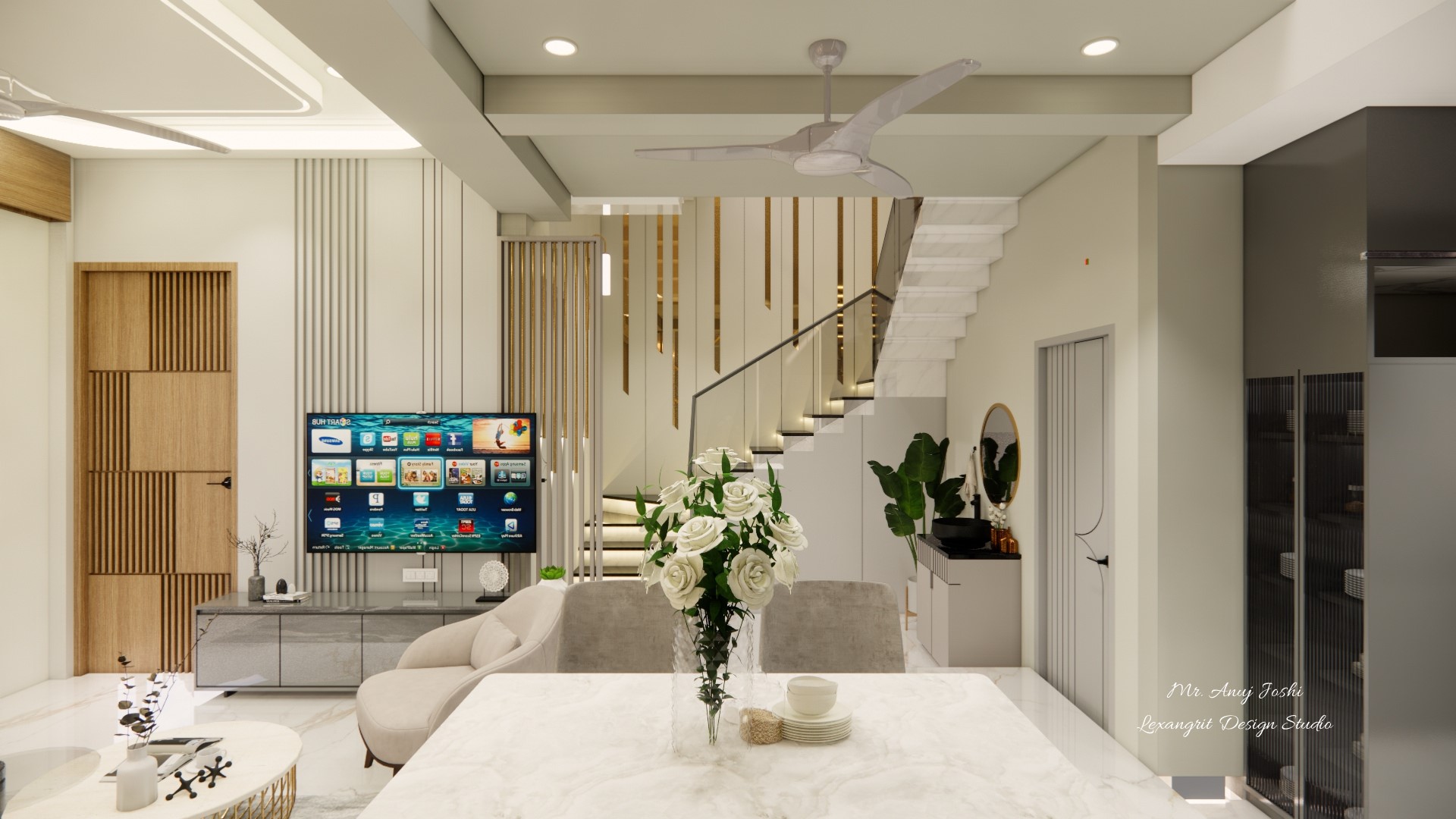 Staircase from dining area showing and decorative wall