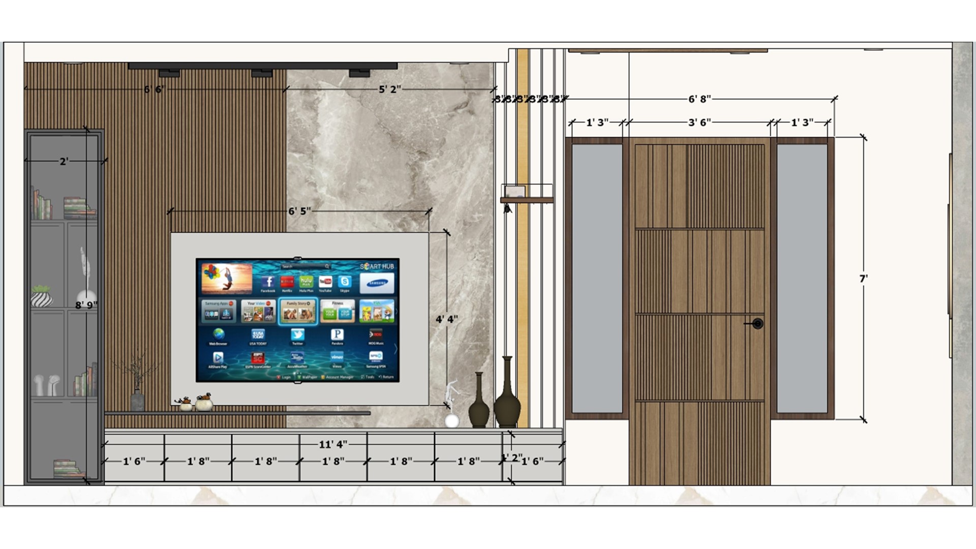 Living room tv unit and decorative wall design  2d dimensions