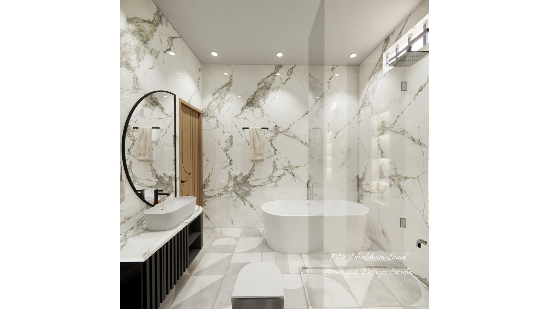 Master Bathroom shower area and vanity unit with half moon shape mirror  2d dimensions