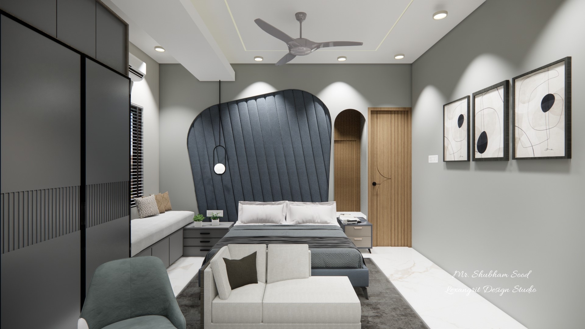 Master bedroom showcasing luxurious bed,side table and decorative head board wall