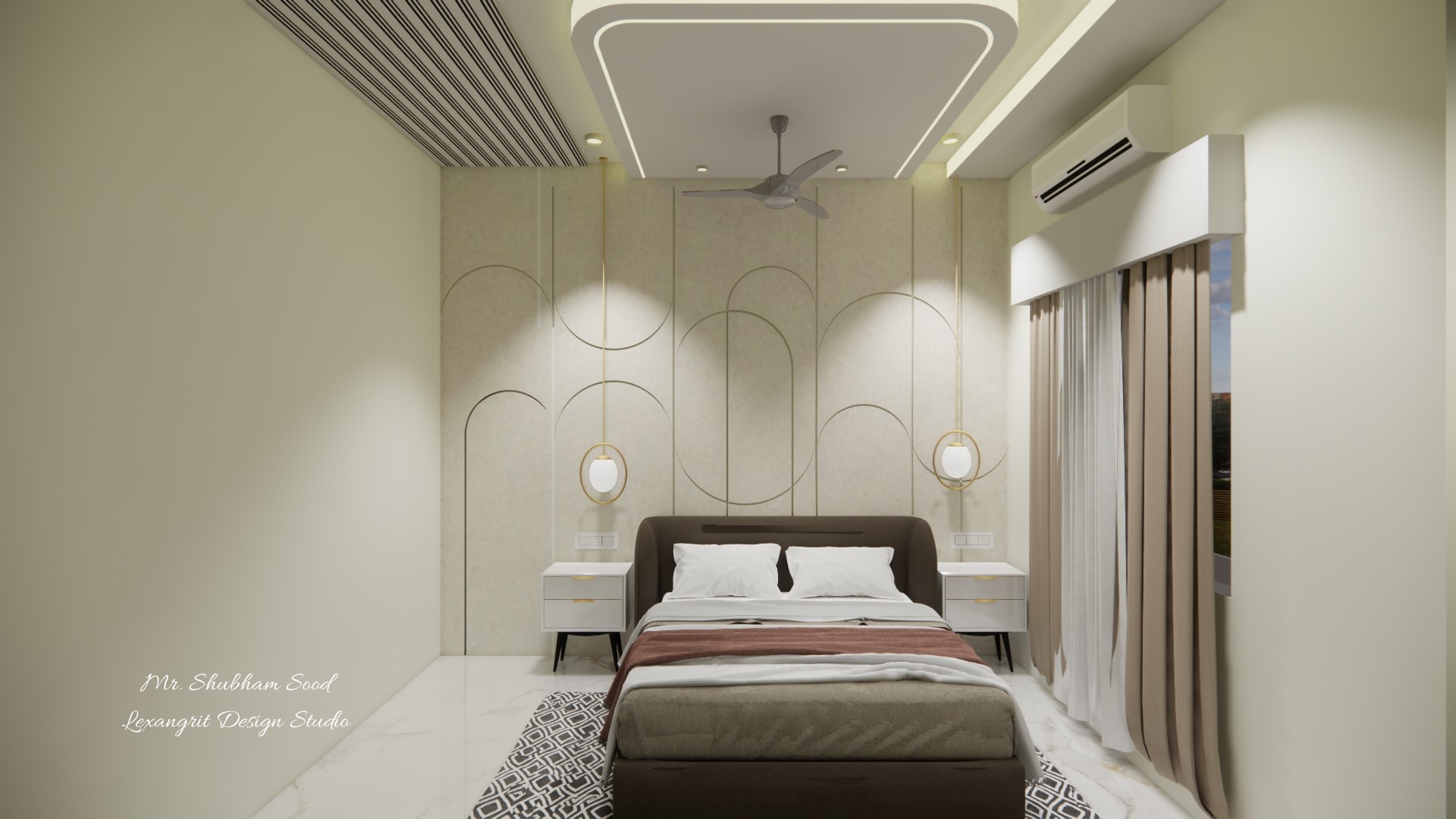 Parents Bedroom luxurious & comfortable bed and side table with decorative headboard wall