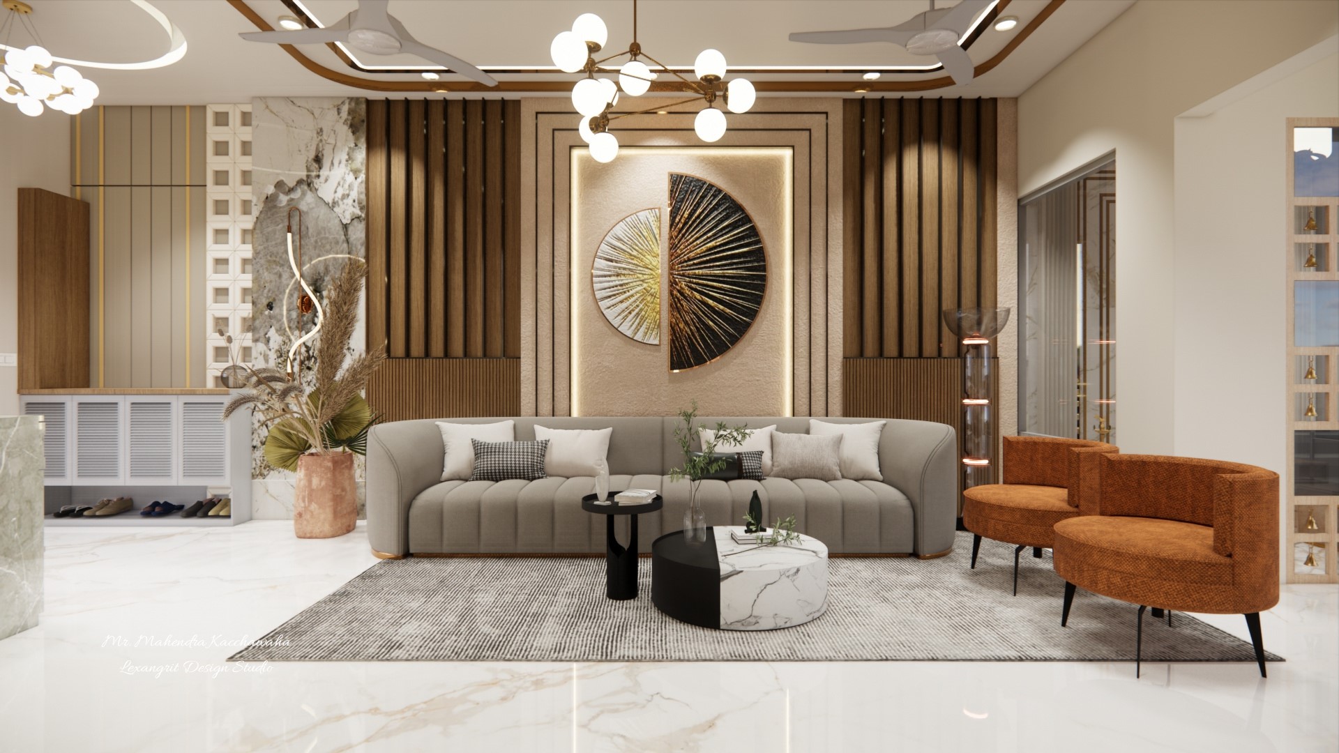 Living room sofa back wall gorgeous design with art peice and customised louvers