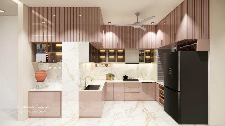 U-shaped pink high gloss acrylic modular kitchen design featuring 3-drawer unit, bottle pull out, G-tray (GTPT) unit, and wicker basket pull out.