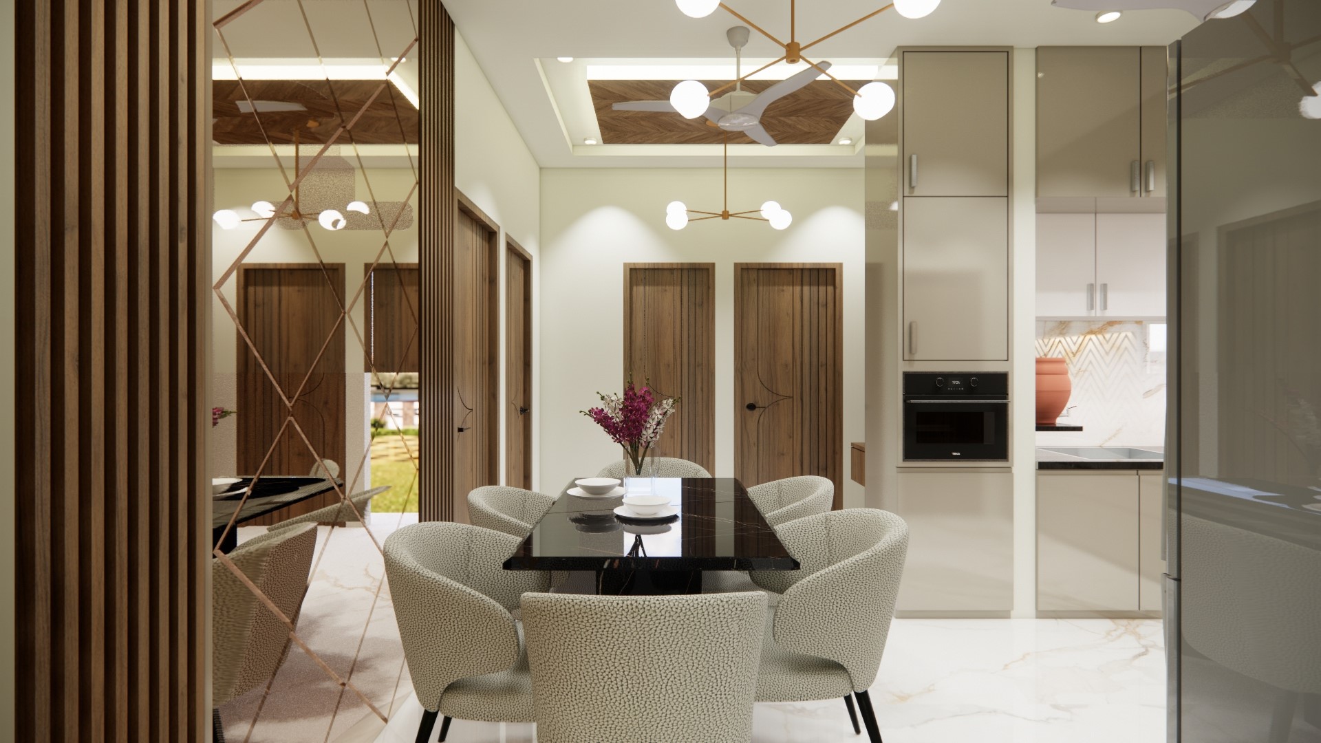 Dining room showcasing a comfortable seating area with a decorative chair, table, and a stylish partision