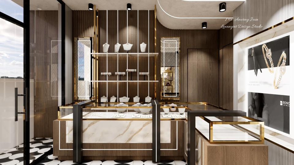 Small jewellery shop interior design featuring a brown wooden fluted louver back wall with profile lighting, dual glass display counters finished in golden SS metal and wood, and a hidden louver door for a premium counter layout.