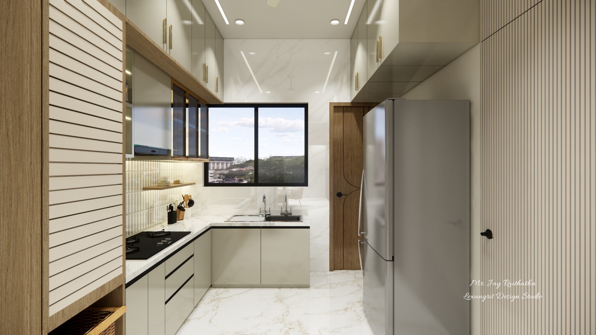 moduler Kitchen size of wiker busket, bottle pull out, 3 drawer unit andtall unit, golden framed wall caminates and lofts