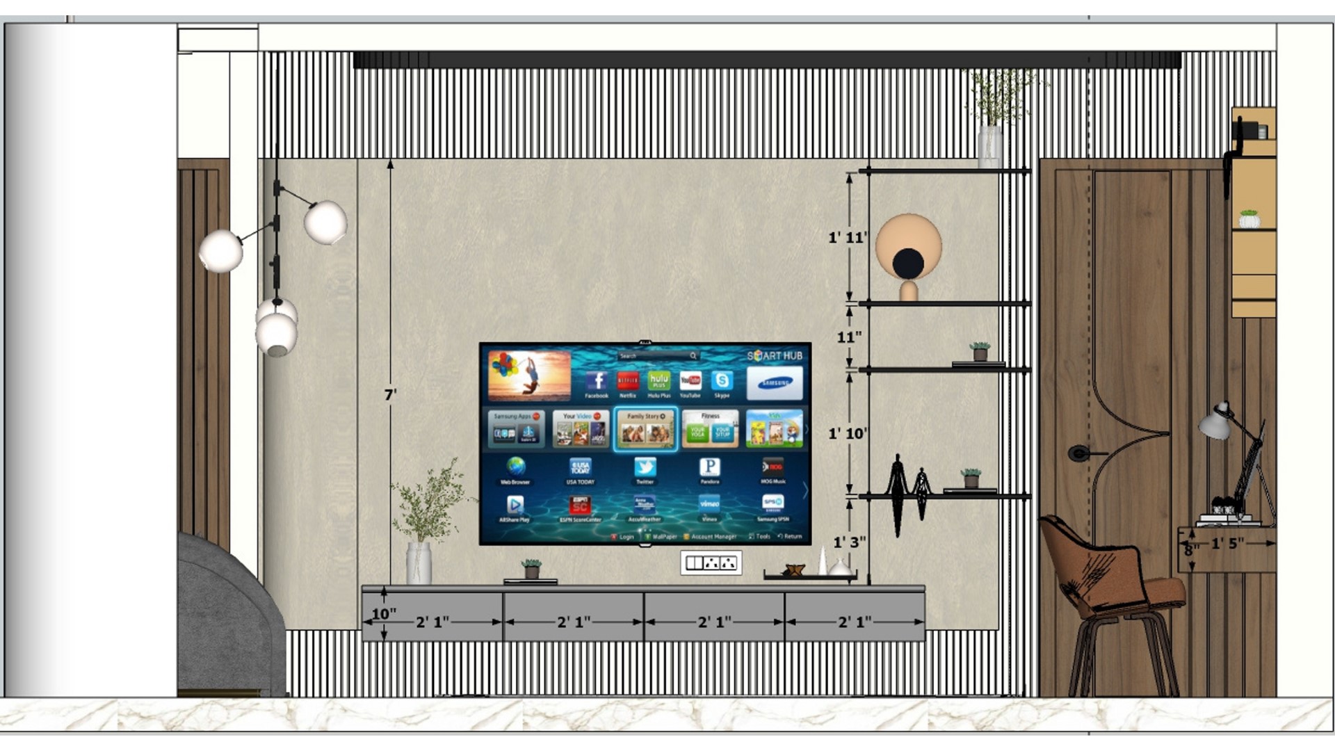 Master bedroom tv unit front view ,tv unit back wall louvers panelling design some open shelf and work station,work station back wall white louvers panelling design
