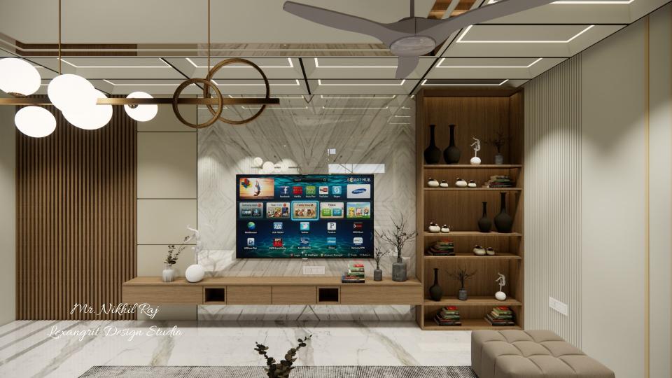 Louvers design for TV unit in living room featuring fluted PVC louver paneling, wooden laminate TV unit with display storage, marble finish back panel with backlighting, and floating console unit.