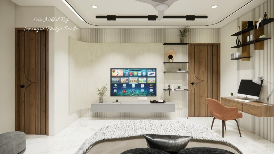 Modern curved TV unit design with louvers and integrated work station for master bedroom TV wall, aligning with main hall double fan ceiling design inspiration and false ceiling with chandelier context for contemporary interiors.