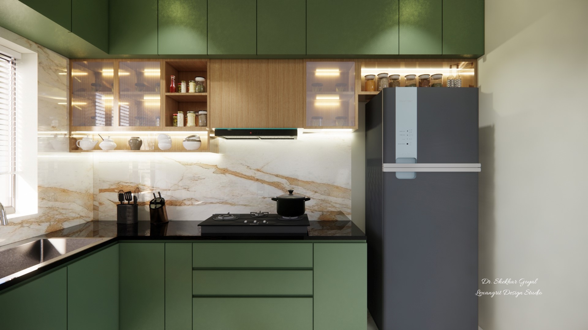 Cooking area view with open spice storage, fluted glass cabinet and loft storages