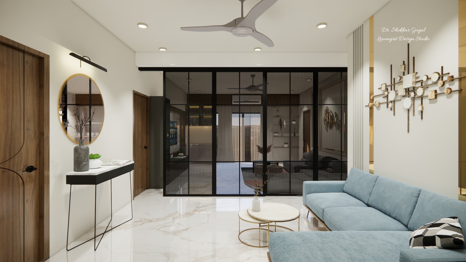Living room decorative partion with fluted glass