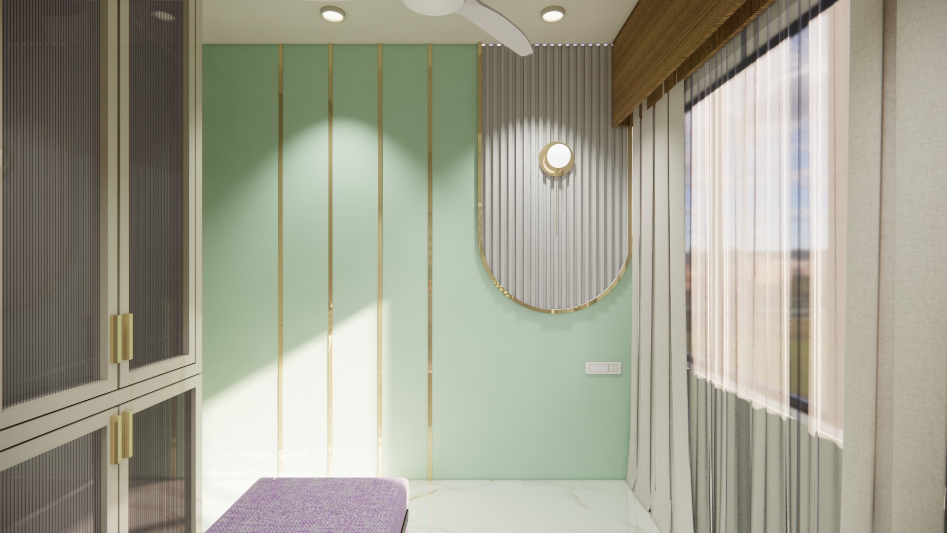 Puja room showing decorative wall design with golden strip highlights