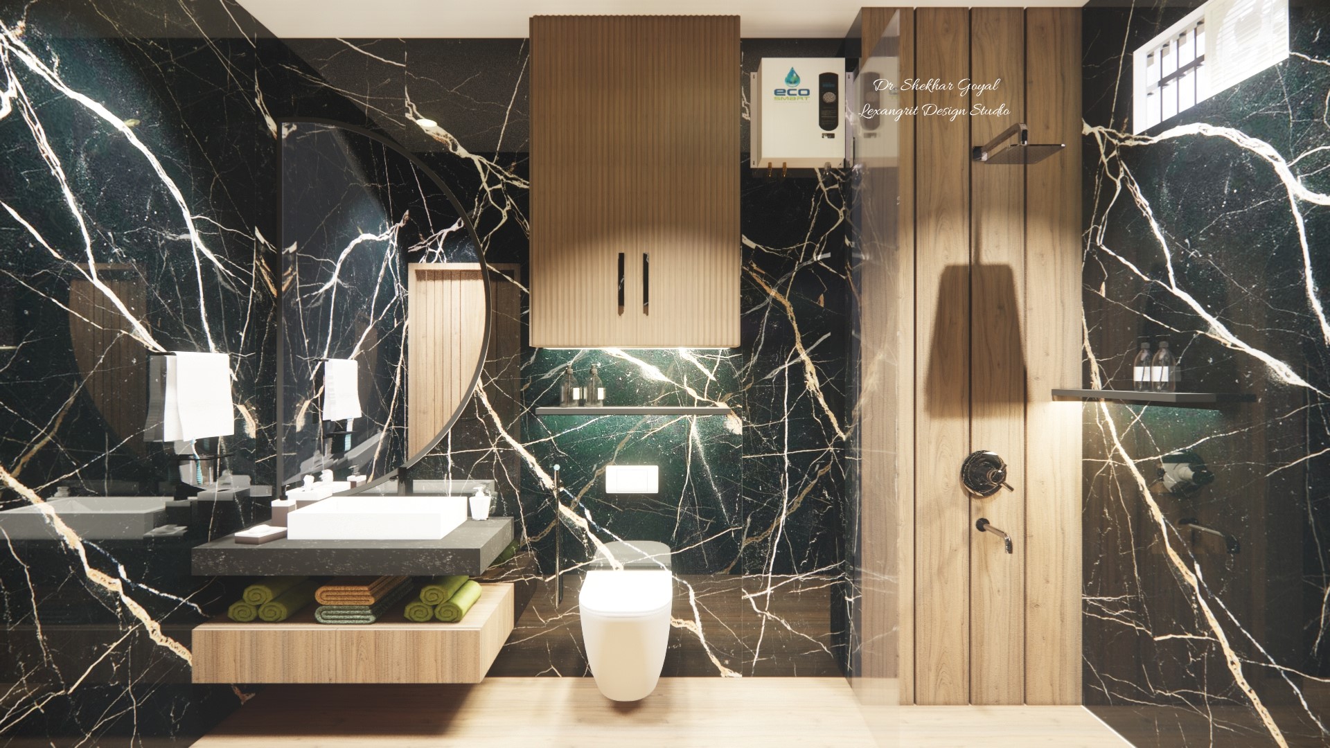 Toilet entrance view showing vanity unit with half moon shape mirror and wc area,some storage , shower area with sliding glass partition