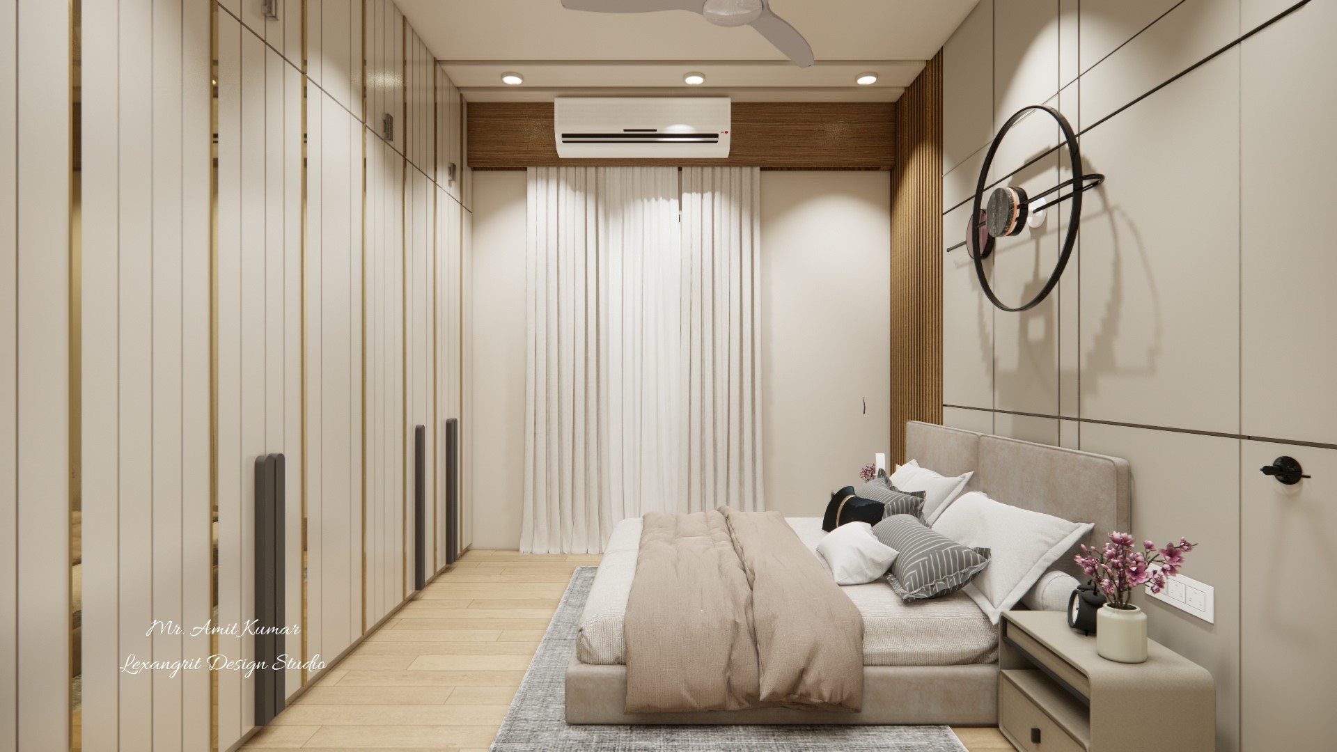 After entrance bedroom luxurious bed and side table,decorative wardrobe view