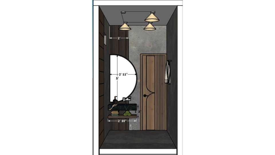 2D measurement drawing of attached toilet bathroom wall layout showing vanity placement on the toilet door entrance wall and wet and dry bathroom area dimensions.