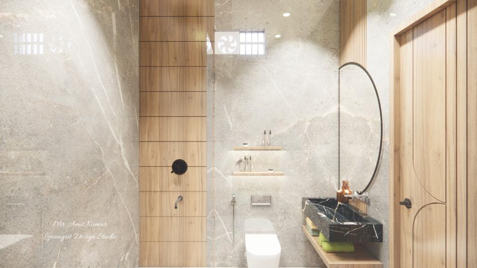Main wall view of a small attached toilet bathroom showing a modern wet and dry bathroom design, wooden tile shower wall in the wet area and grey tiles in the dry zone near the toilet door entrance.
