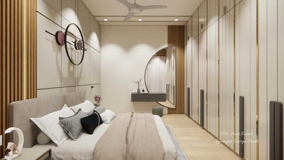 Bedroom view with modern dressing unit half moon mirror dressing table on the left and beige laminated wardrobes with lofts, featuring a stylish bedroom dressing room design with functional storage.