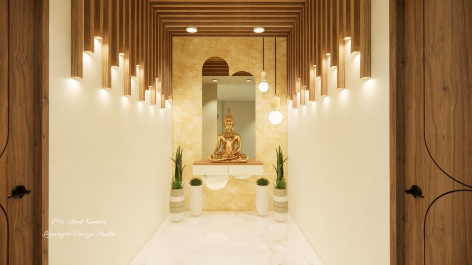 Symmetrical veranda view from hallway featuring a golden Buddha statue on a floating console against a gold textured wall, arched wooden louvers with warm lighting and wooden doors — a serene buddha house design and entryway buddha statue interior design.