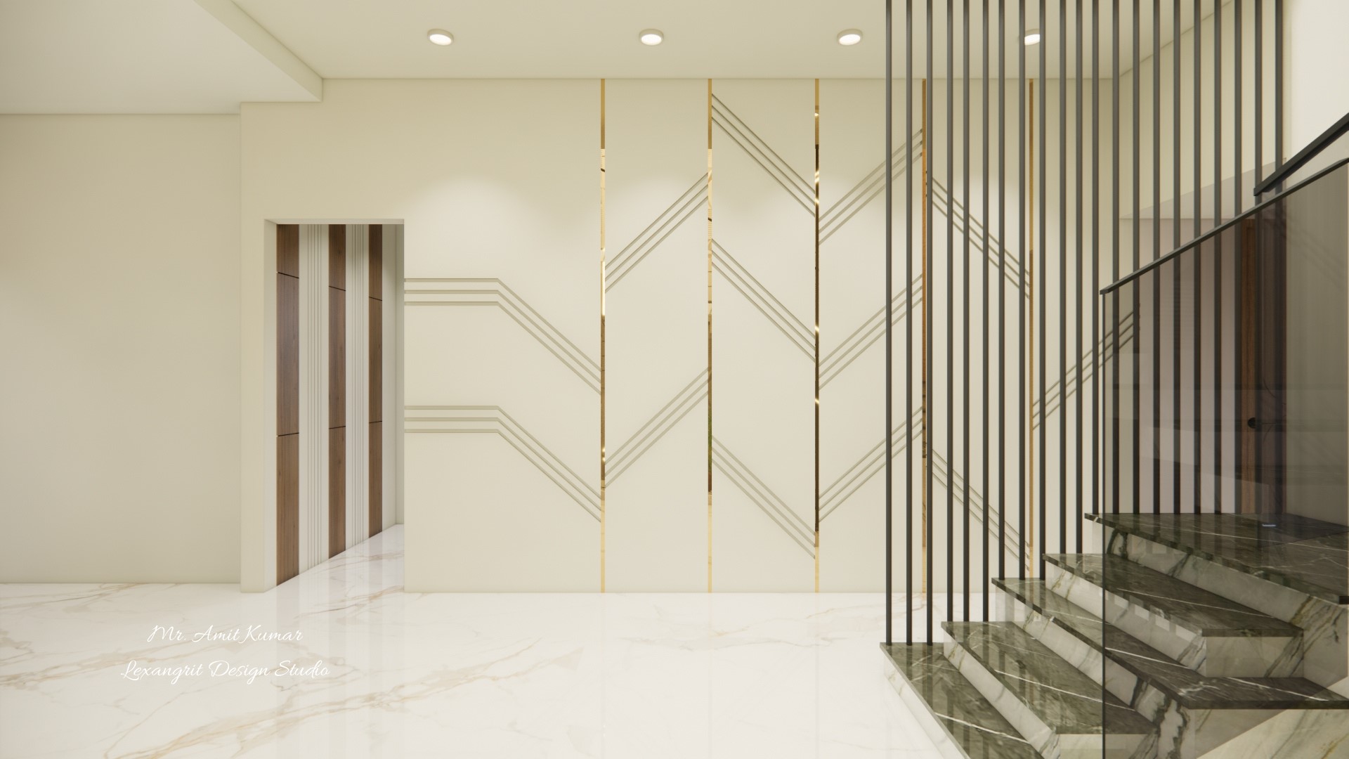 Decorative wall with golden strip highlights design