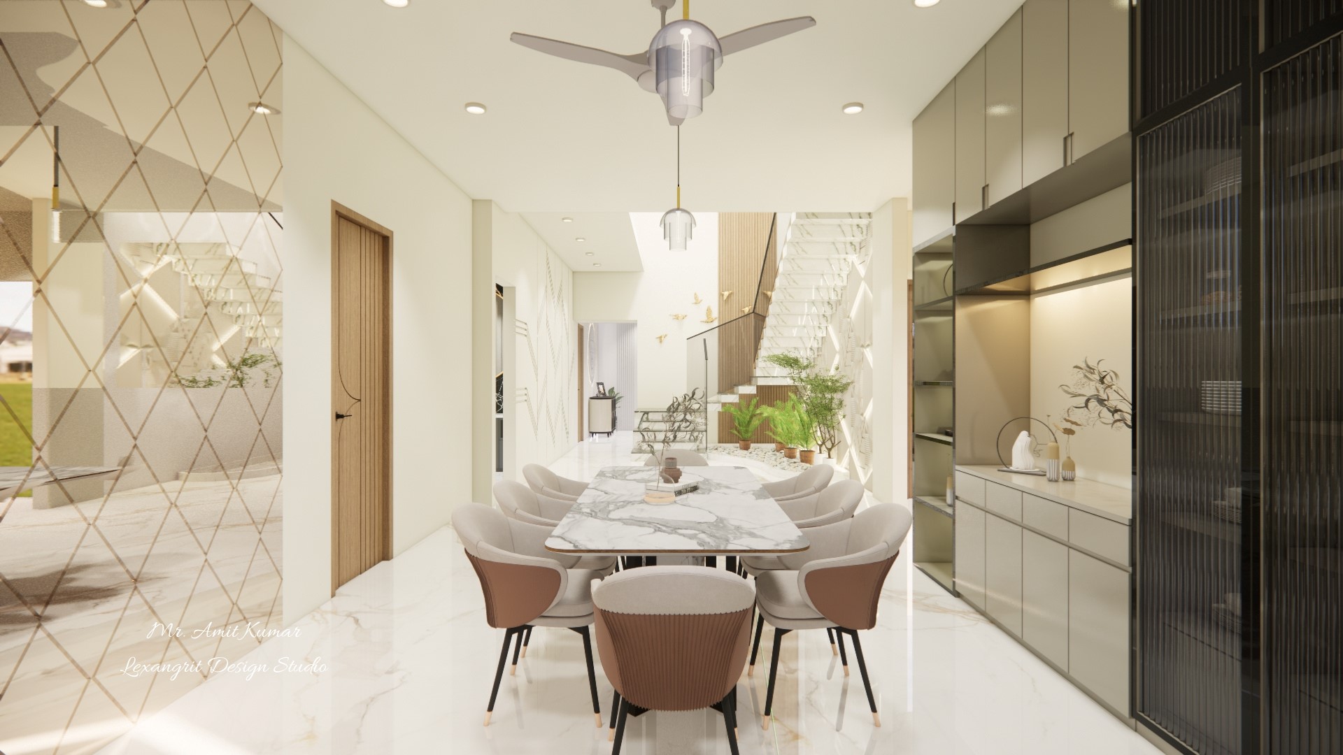 Dining area showing decorative wall design and large crockery unit