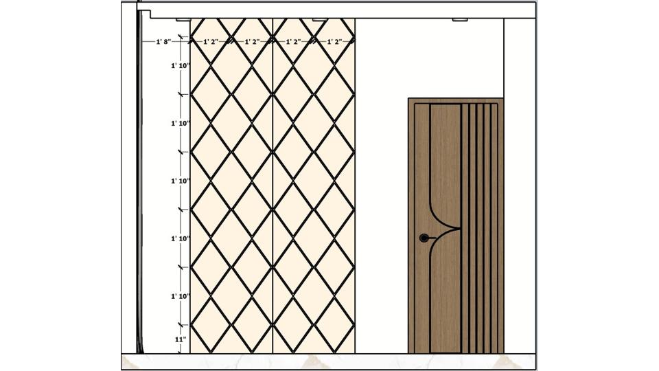 2D measurement drawing of dining wall panel design showing dimensions, layout details, and decorative panel positioning for a villa dining area interior.
