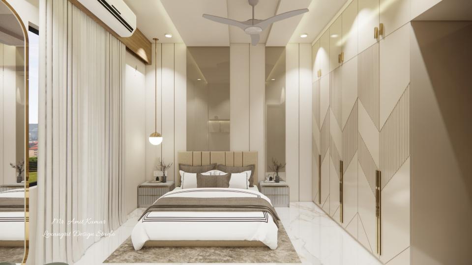 glossy beige laminated bed back wall with vertical groove panel, side tables and pendant light bedroom design