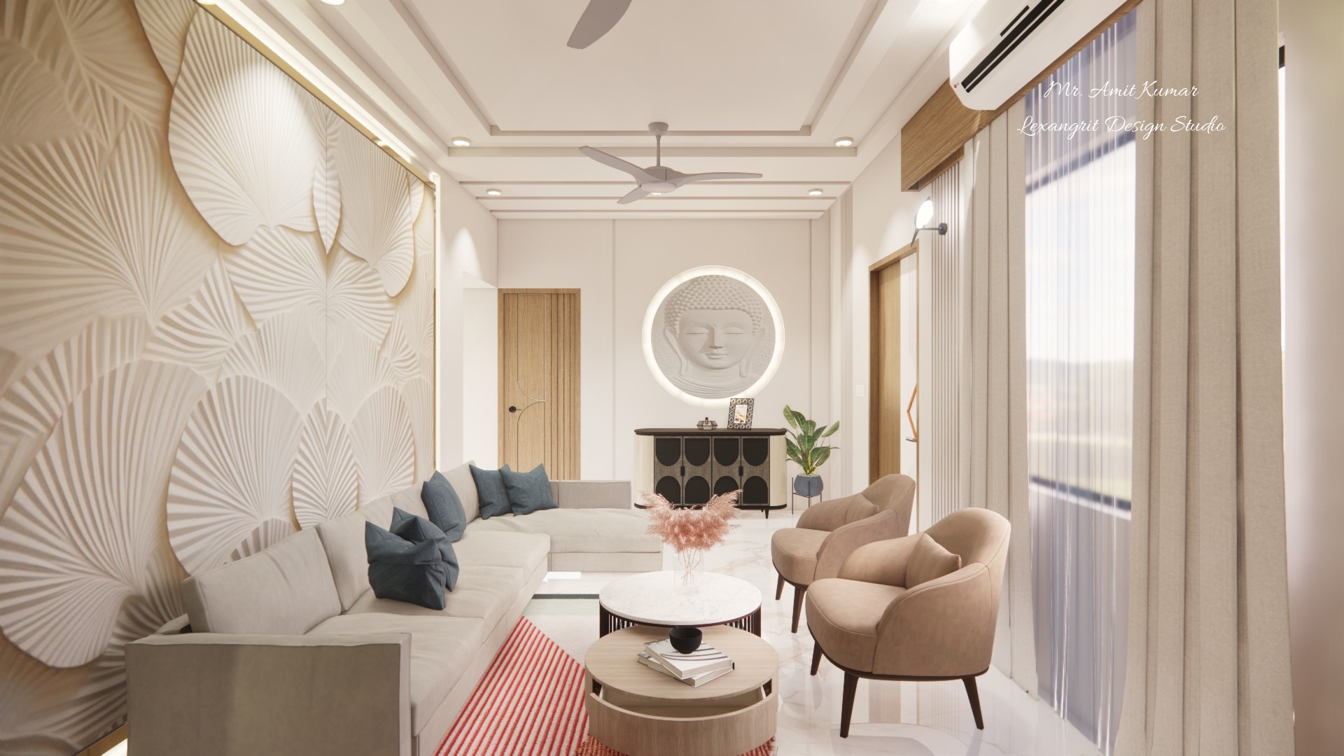 Living showing decorative wall design & luxurious sitting area