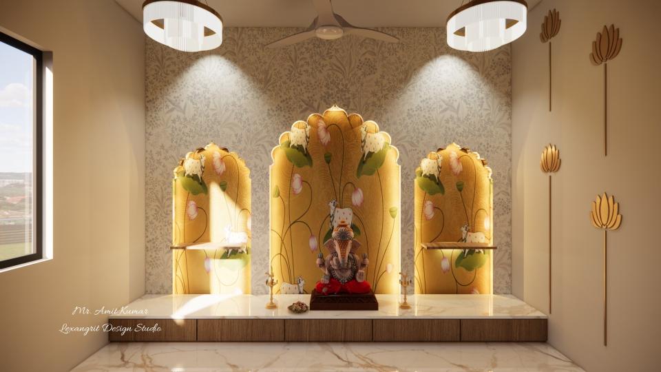 Modern pooja room wall design featuring a marble platform with Ganesha idol, decorative pooja room wall panels with lotus artwork, traditional wallpaper background, golden arched panels, wooden cabinetry, and pendant lighting.