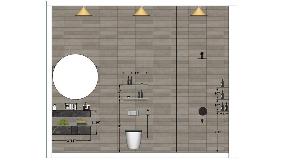 Small attached toilet bathroom size and measurement drawing showing dry and wet area layout with vanity unit, wash commode placement, glass partition dimensions, and bedroom washroom plan.