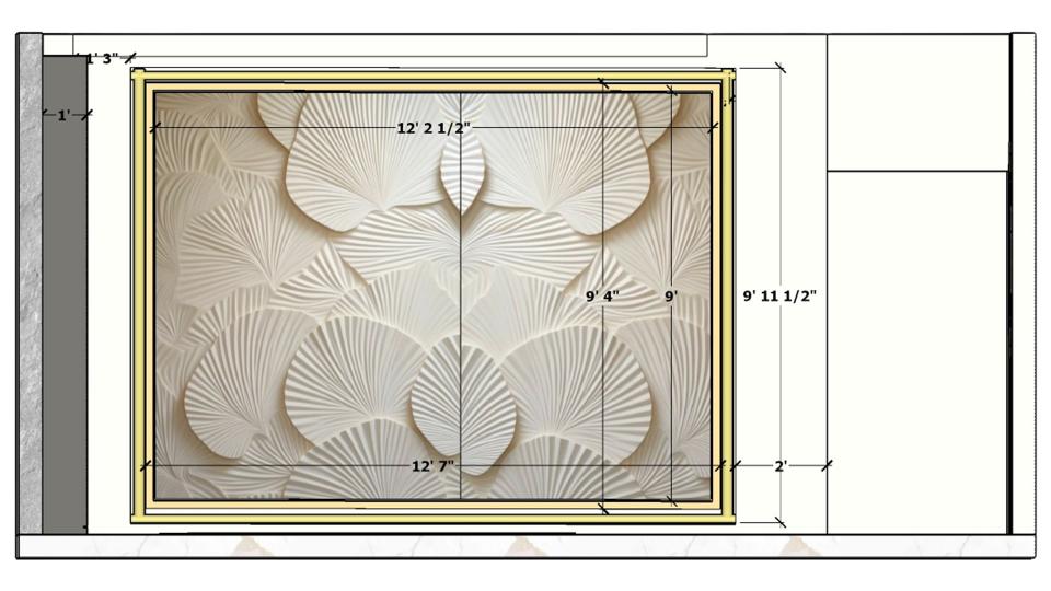 2D measurement drawing of living room sofa back wall POP/HDHMR CNC leaf design showing TV unit placement, golden strip border, and hall layout dimensions.