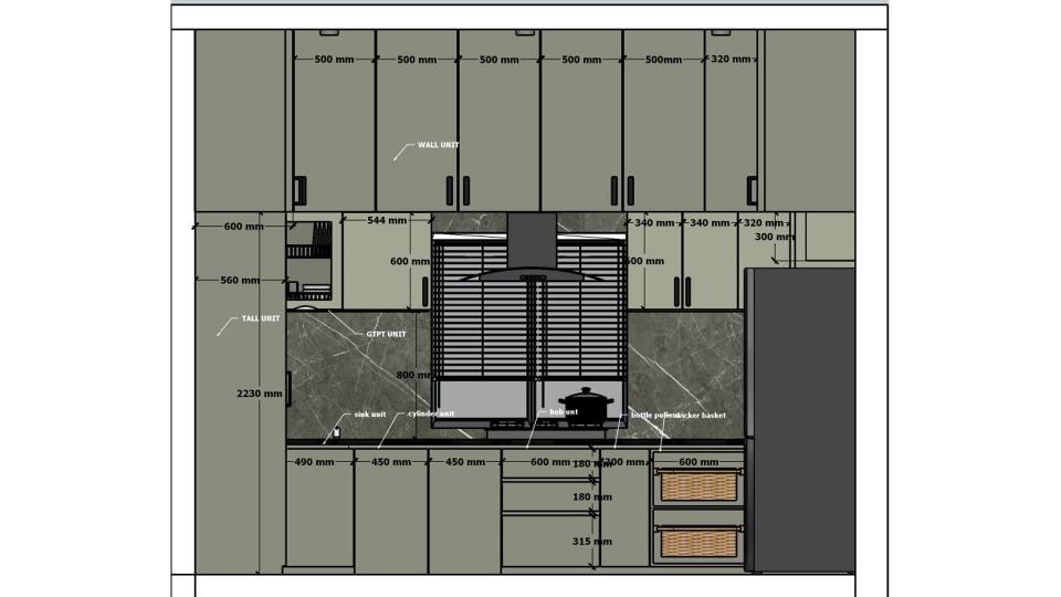 2D dimension drawing of U-shaped modular kitchen showing grey laminated cabinets, loft storage, gas cylinder unit, 3 drawer unit, wiker basket placement, and countertop layout measurements.