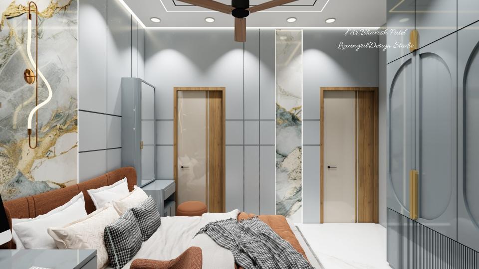 Master bedroom interior with UV sheet design for bedroom front wall featuring groove cuttings, semi-transparent onyx panel with profile lighting, a full-size dressing unit, and a bedroom UV sheet wardrobe with loft in a grey aesthetic.