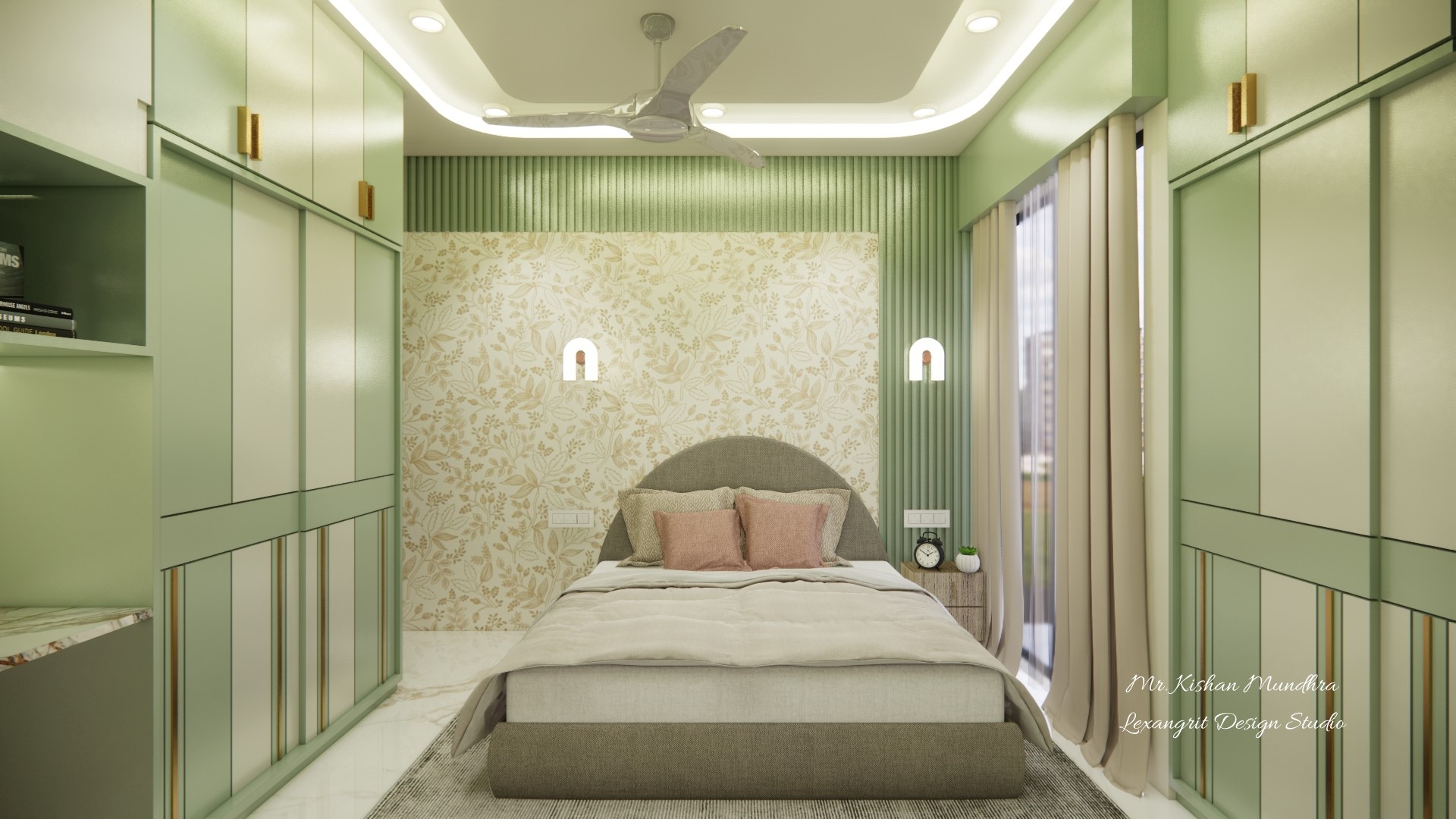 Kids bedroom showing luxurious bed, round shape head board and decorative back side wall