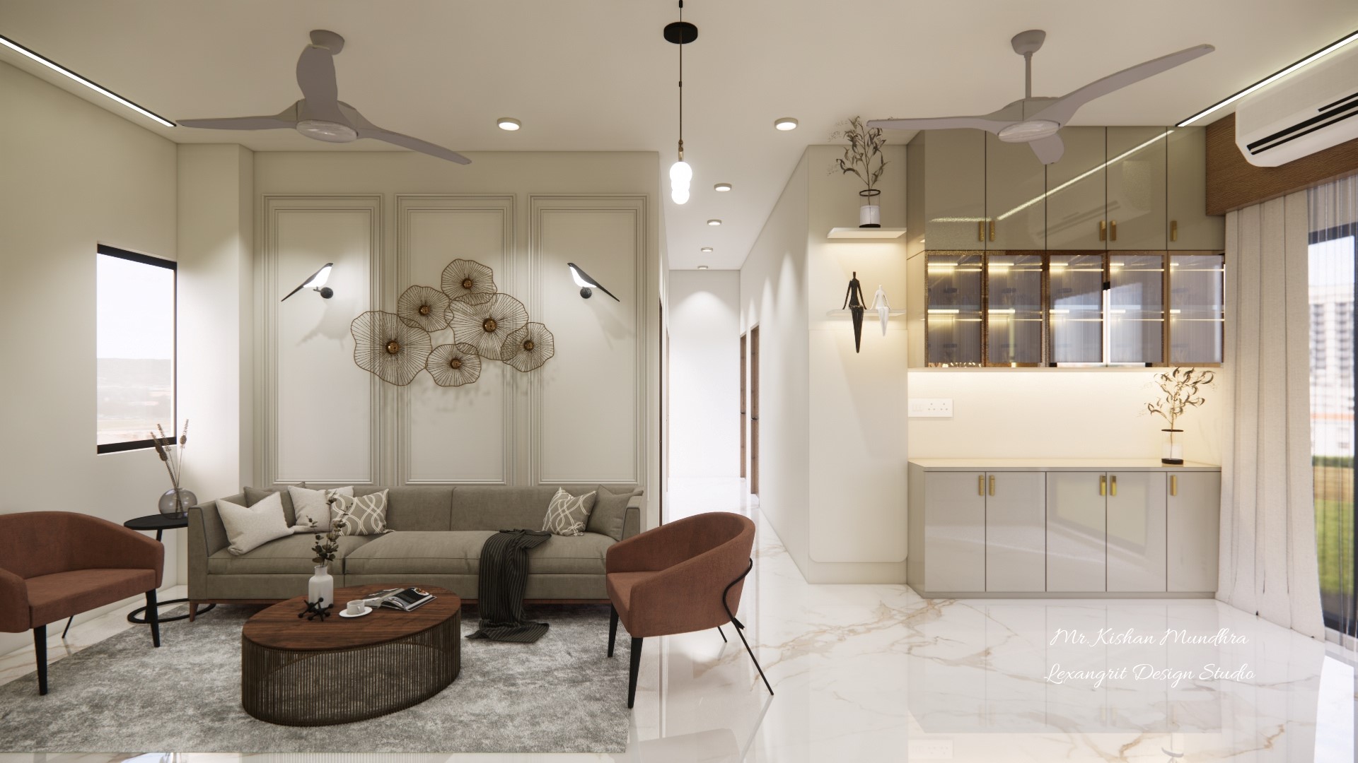 Living area showcasing seating area front of decorative center table,sofa back side decorative wall and  crockery unit