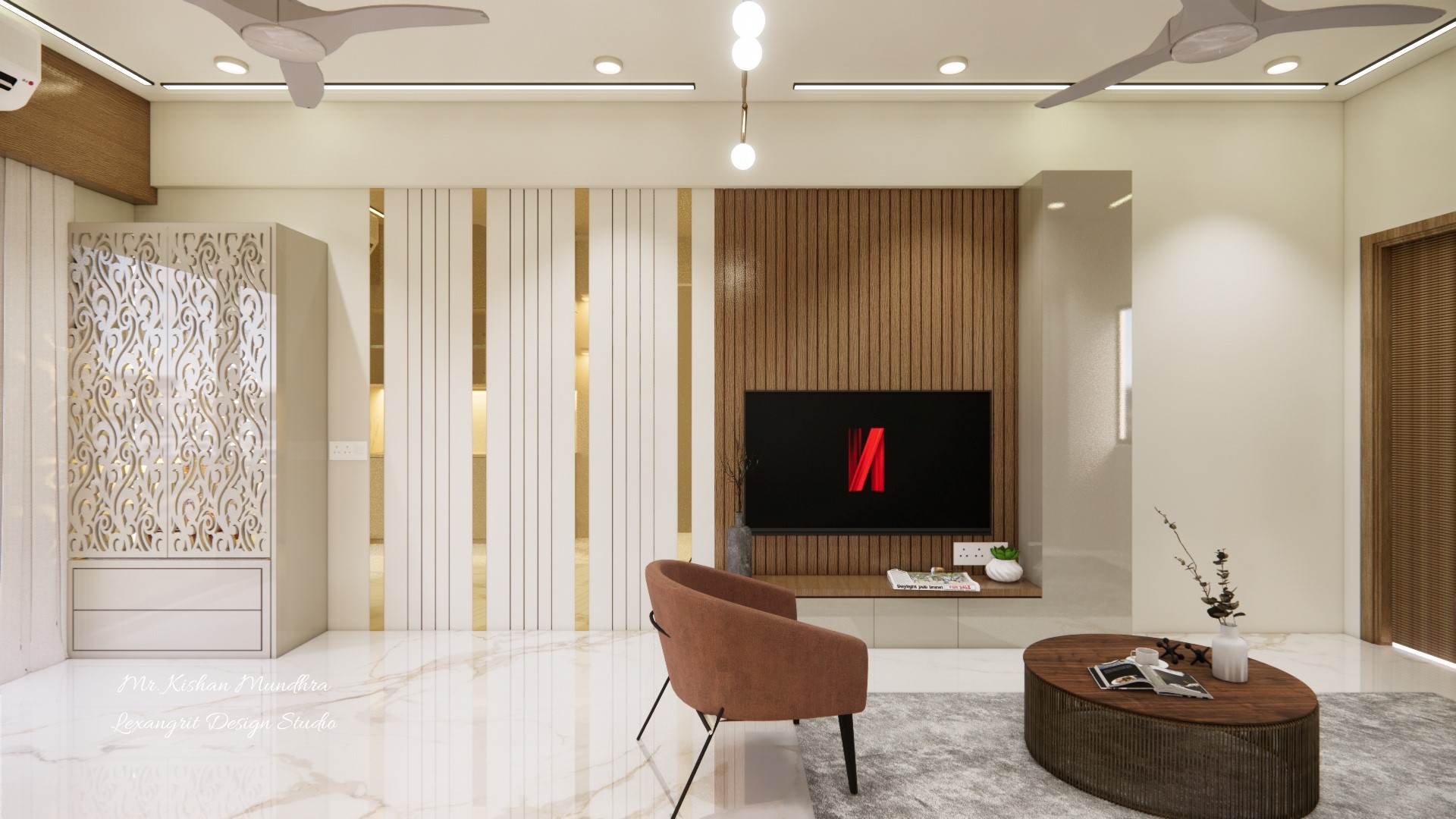 Living decorative wall panelling design and tv unit - puja unit front view