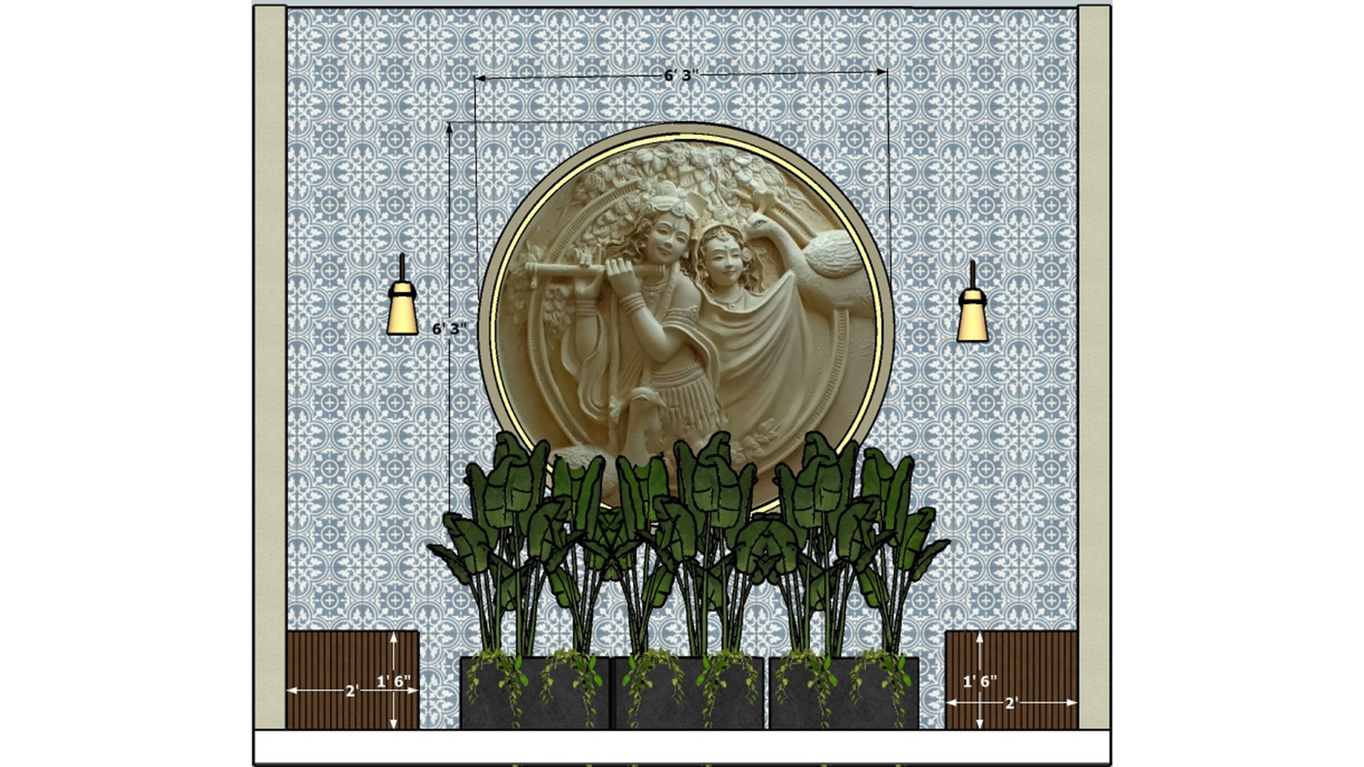 Court yard top view front view with decorative wall design  2d dimensions