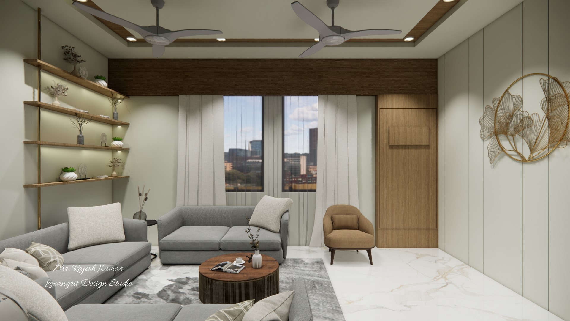 Drawing Room large sofa seating area front of center table and decorative wall ,some open  shelf