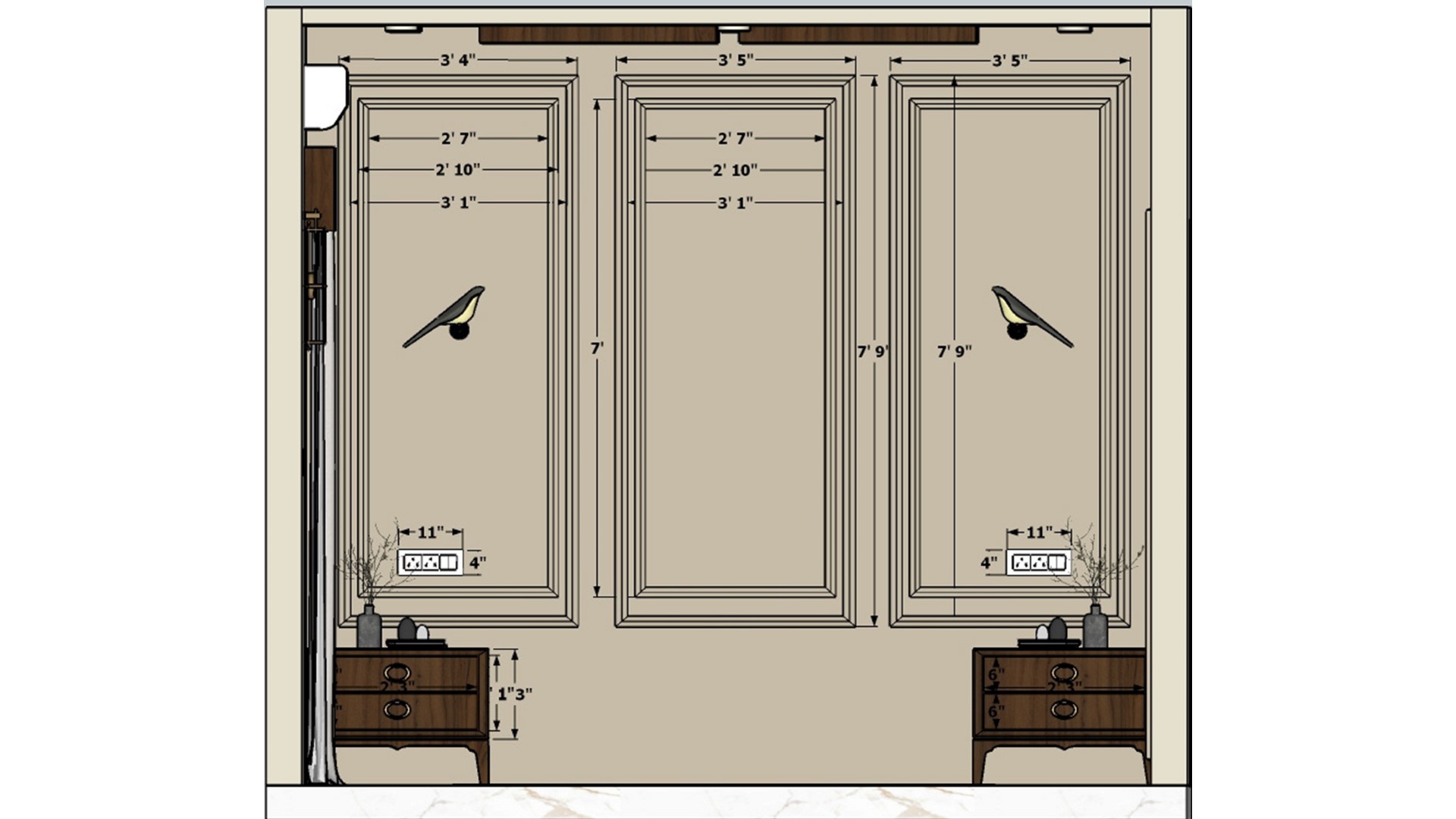 Guest bedrooom showing front of bed and side table with decorative head board wall 2d dimensions