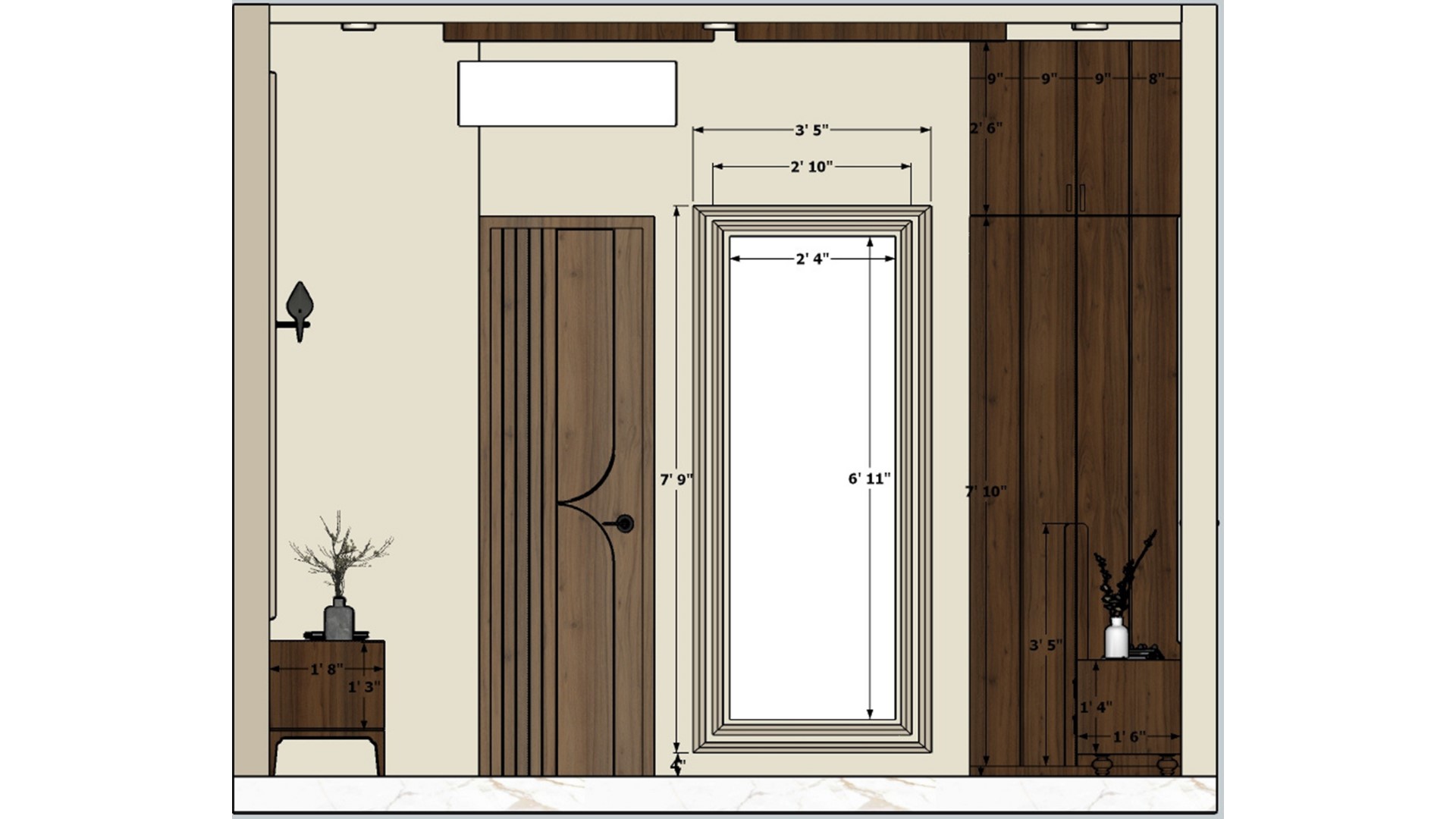 Guest bedrooom showing luxury bed, sleek tv unit and some storage and door hight mirror  2d dimensions