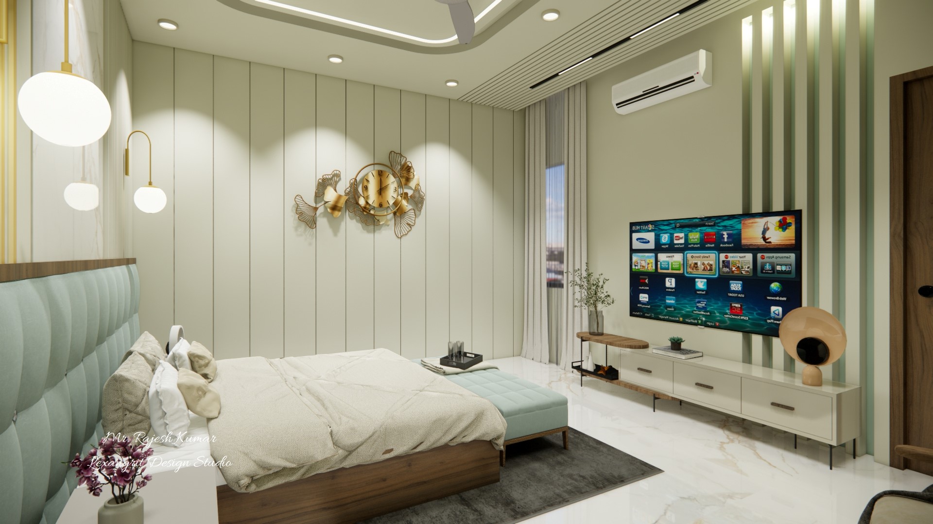 Image of the master bedroom showcasing a stylish dresser with a large mirror and decorative items against a soft-colored wall