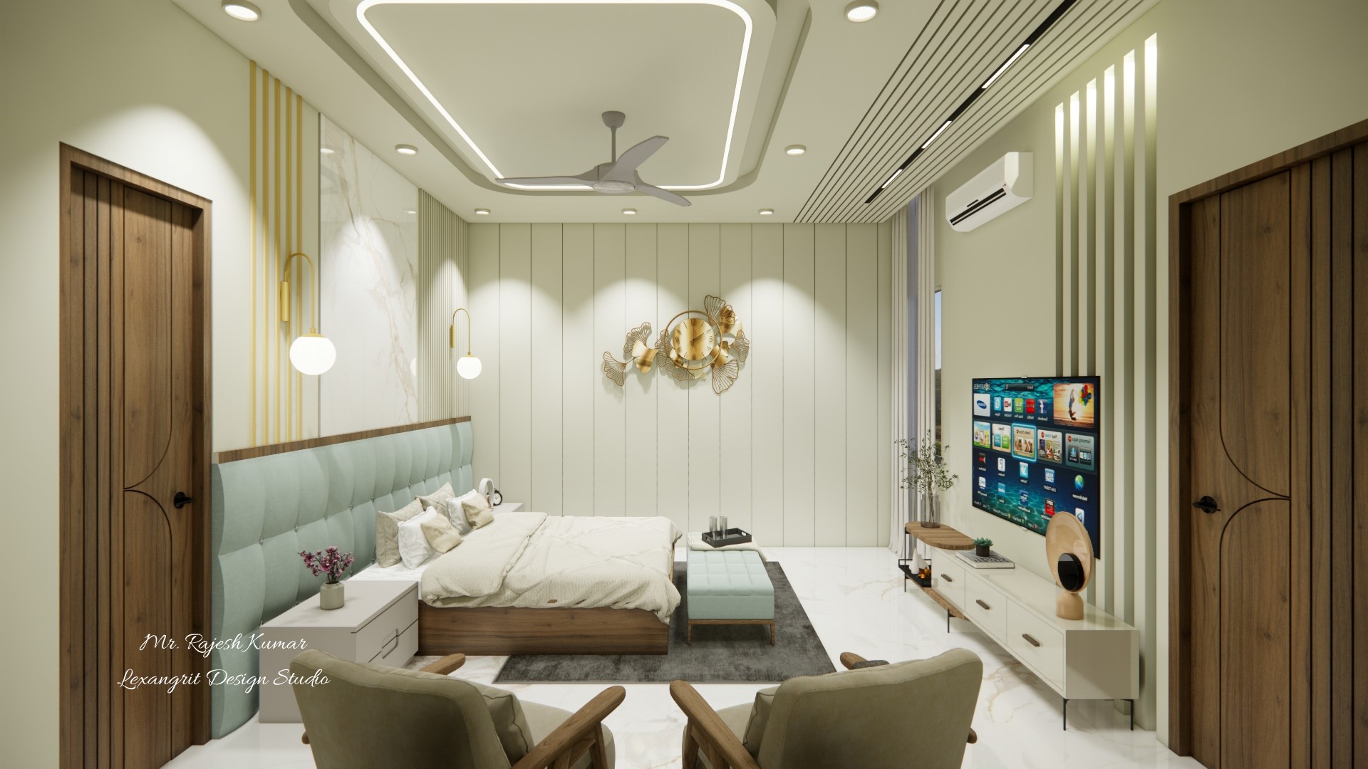 Image of the master bedroom showcasing a stylish dresser with a large mirror and decorative items against a soft-colored wall